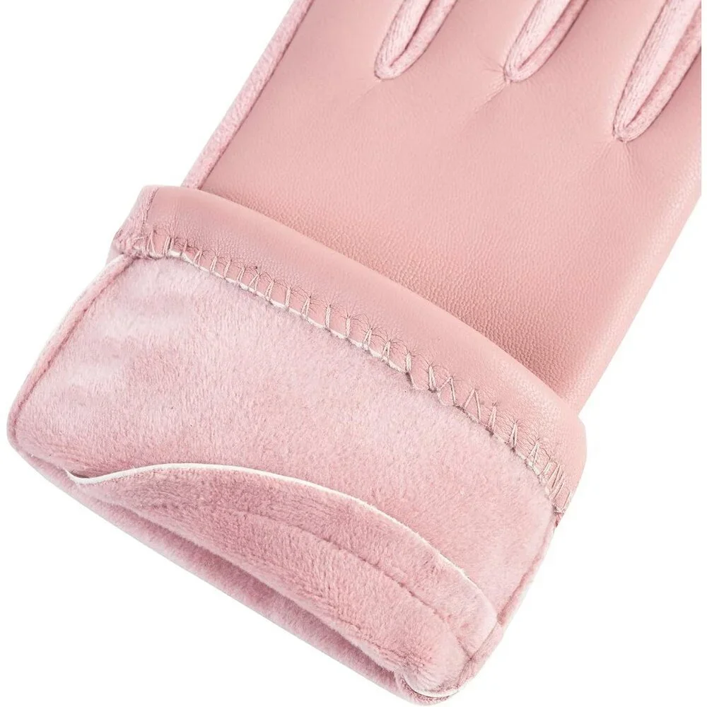Women's Pink Winter Leather Suede Gloves Wool Lined Windproof Touchscreen